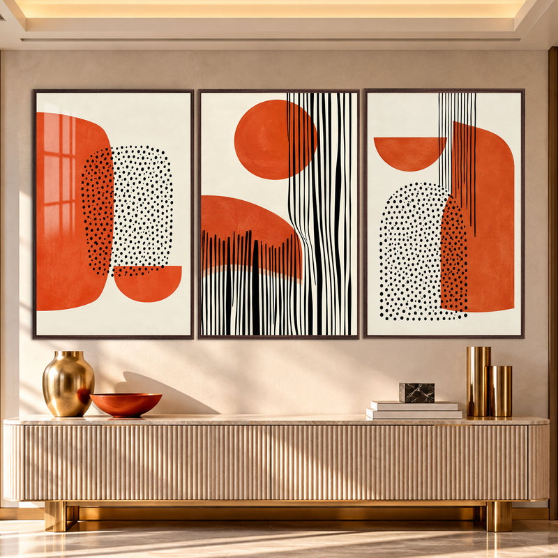 Turuncu Siyah Puantiyeli Bauhaus Üçlü Cam Tablo – Ceviz Çerçeveli