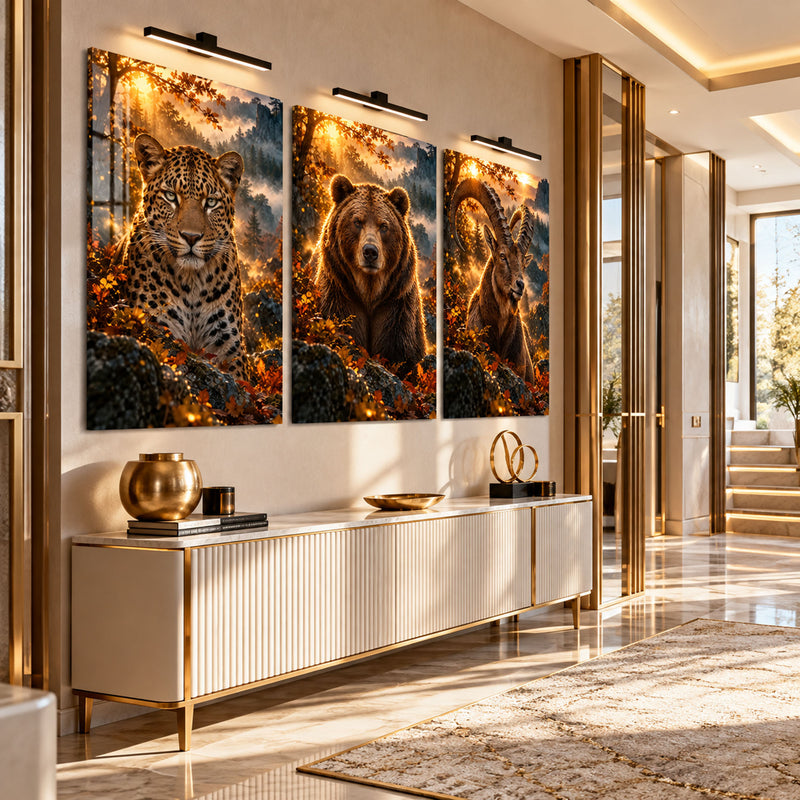 Leopar, Ayı ve Dağ Keçisi Üçlü Cam Tablo