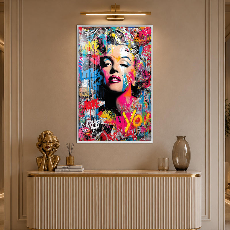 Renkli Graffiti Pop Art Portre Cam Tablo – Beyaz Çerçeveli Cam Tablo