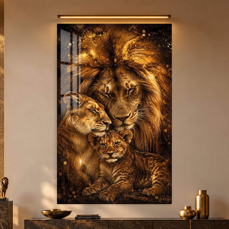 Altın Işıltılı Aslan Ailesi Cam Tablo – Cam Tablo