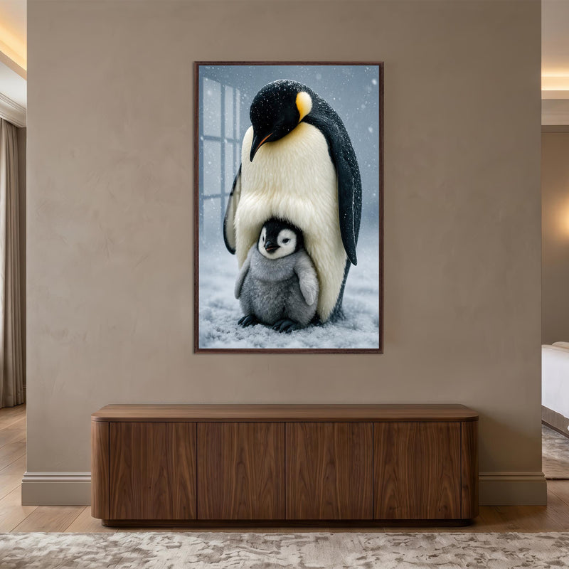 Yavrusunu Koruyan Penguen Cam Tablo – Ceviz Çerçeveli Cam Tablo