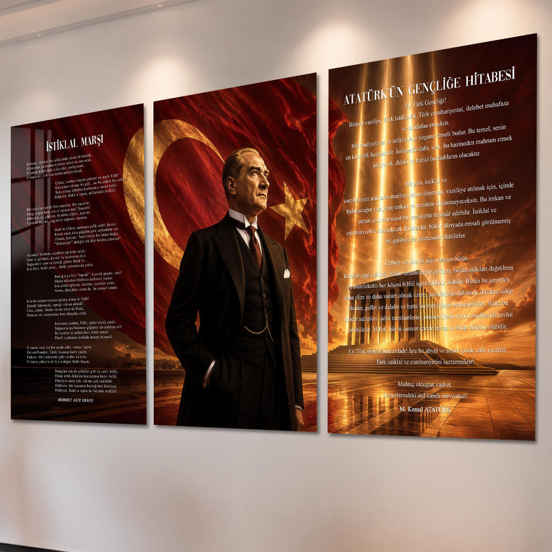 Atatürk Köşesi Üçlü Cam Tablo Seti — Anıtkabir Gün Batımı Kızıl