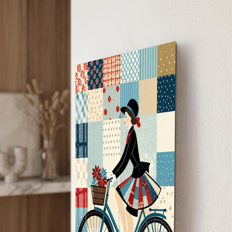 Patchwork Desenli Bisikletli Kadın Cam Tablo – Cam Tablo