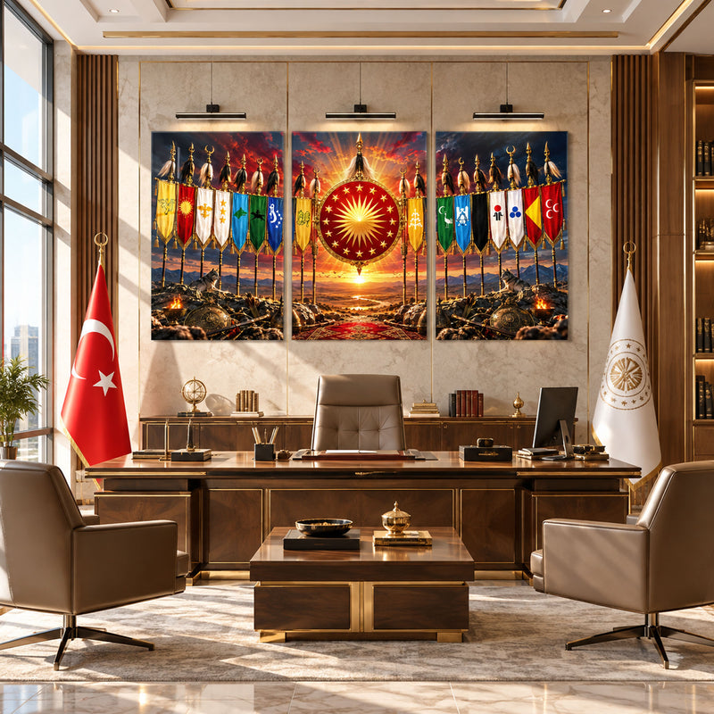 Türk Devletleri Sancakları Üçlü Cam Tablo