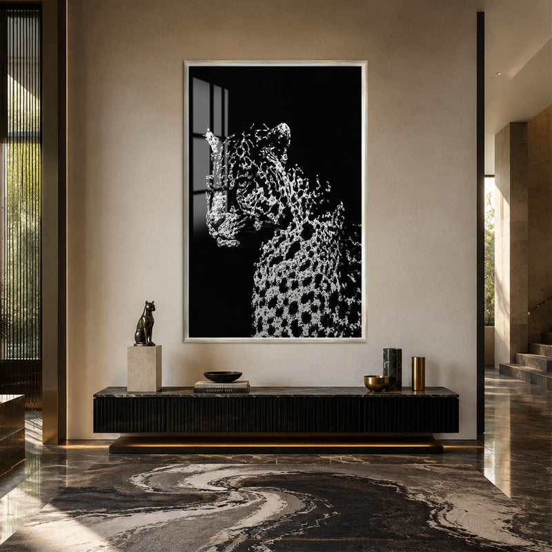 Kristal Benekli Leopar Cam Tablo – Gümüş Çerçeveli Cam Tablo