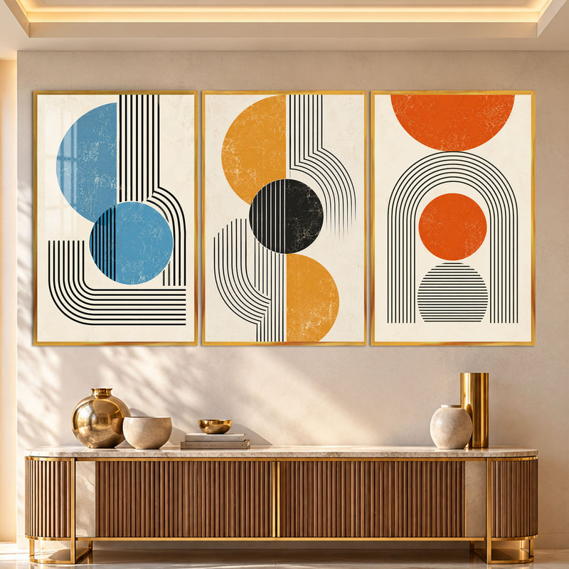 Mavi Turuncu Sarı Mid-Century Daire Üçlü Cam Tablo – Altın Çerçeveli