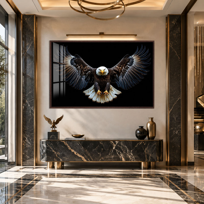 Kanat Açmış Kel Kartal Cam Tablo – Ceviz Çerçeveli Cam Tablo