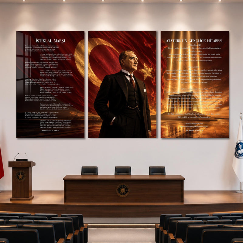 Atatürk Köşesi Üçlü Cam Tablo Seti — Anıtkabir Gün Batımı Kızıl