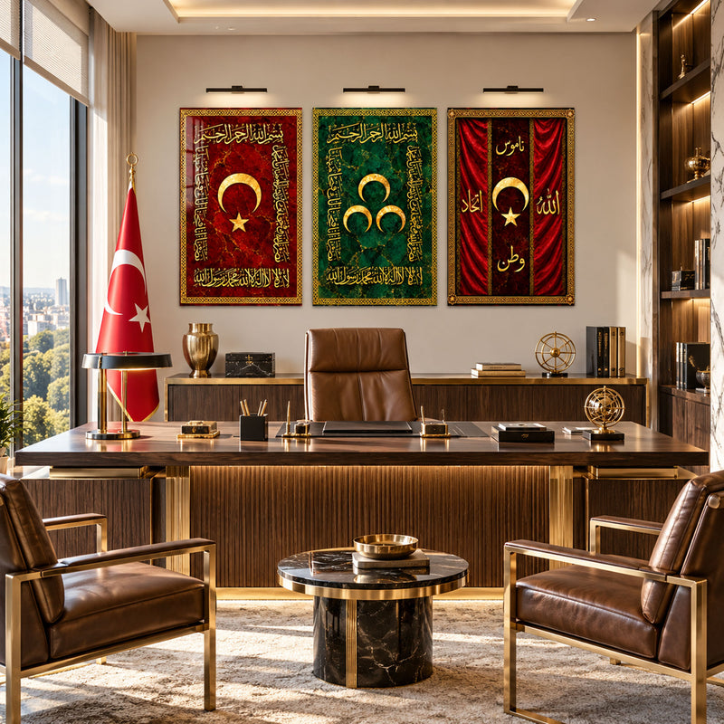Hilal Yıldızlı Hat Bayrakları Üçlü Cam Tablo