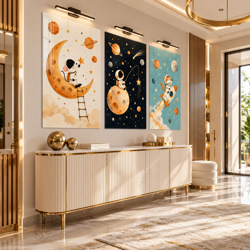 Uzayda Astronot Kedi Üçlü Cam Tablo