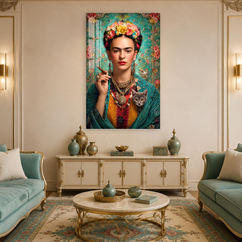 Kedili ve Purolu Frida Kahlo Cam Tablo – Cam Tablo