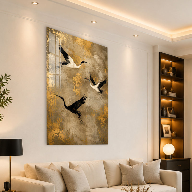 Altın Zeminde Turnalar Cam Tablo – Cam Tablo