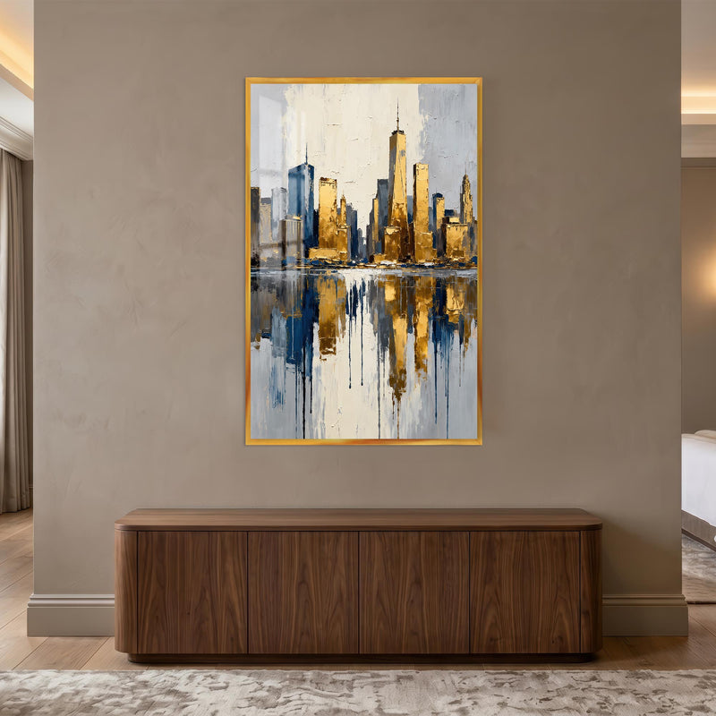 Altın Lacivert New York Skyline Cam Tablo – Altin Cerceveli Cam Tablo