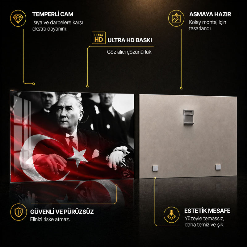 Gri Fonda Bayraklı Atatürk Cam Tablo