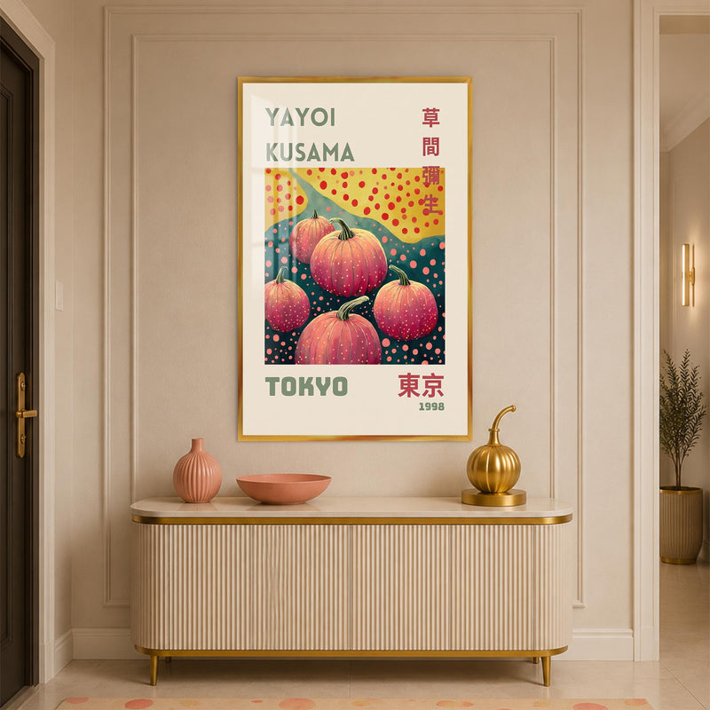 Pembe Noktalı Kabak Bahçesi Cam Tablo – Altın Çerçeveli Cam Tablo