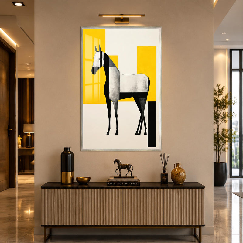 Sarı Geometride Gümüş At Cam Tablo – Gümüş Çerçeveli Cam Tablo