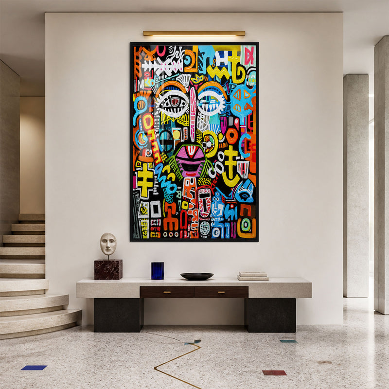 Renkli Grafiti Yüzler Cam Tablo – Siyah Çerçeveli Cam Tablo