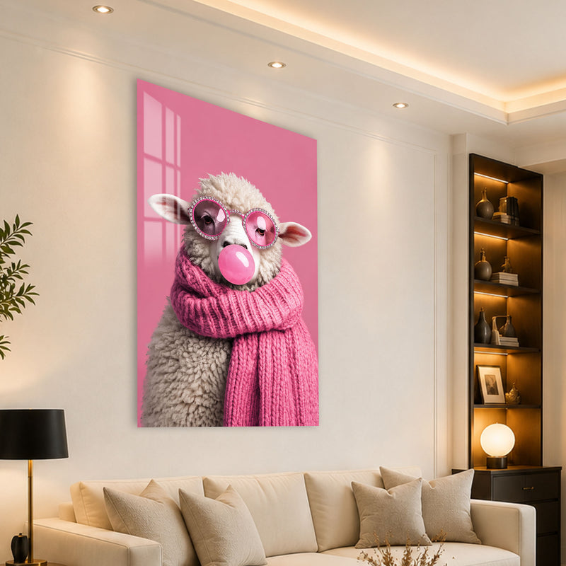 Balonlu Pembe Koyun Cam Tablo – Cam Tablo