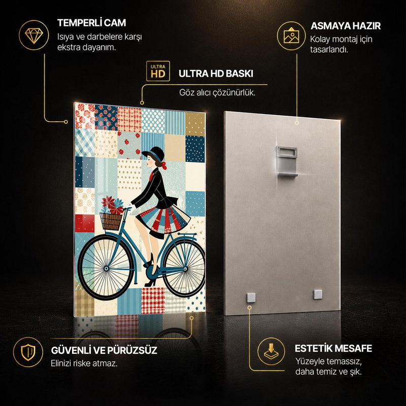 Patchwork Desenli Bisikletli Kadın Cam Tablo – Cam Tablo