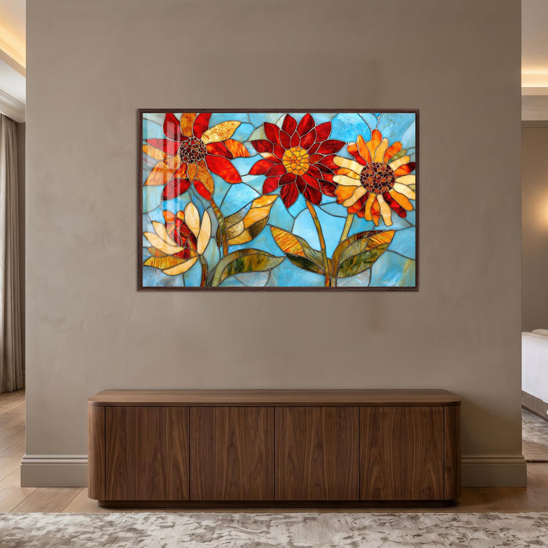 Vitray Ayçiçeği Cam Tablo – Ceviz Çerçeveli Cam Tablo