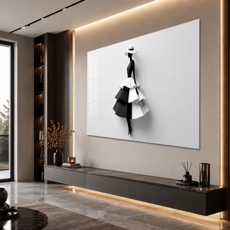 Katmanlı Siyah Beyaz Minimalist Moda Silüeti Cam Tablo – Cam Tablo