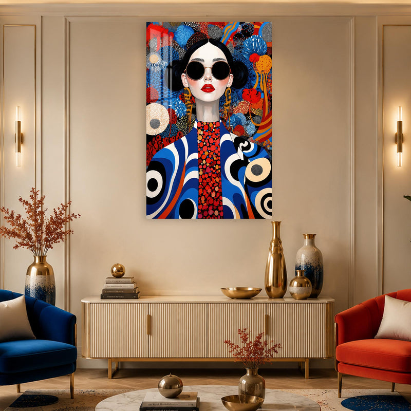 Yuvarlak Gözlüklü Renkli Pop Art Kadın Cam Tablo – Cam Tablo