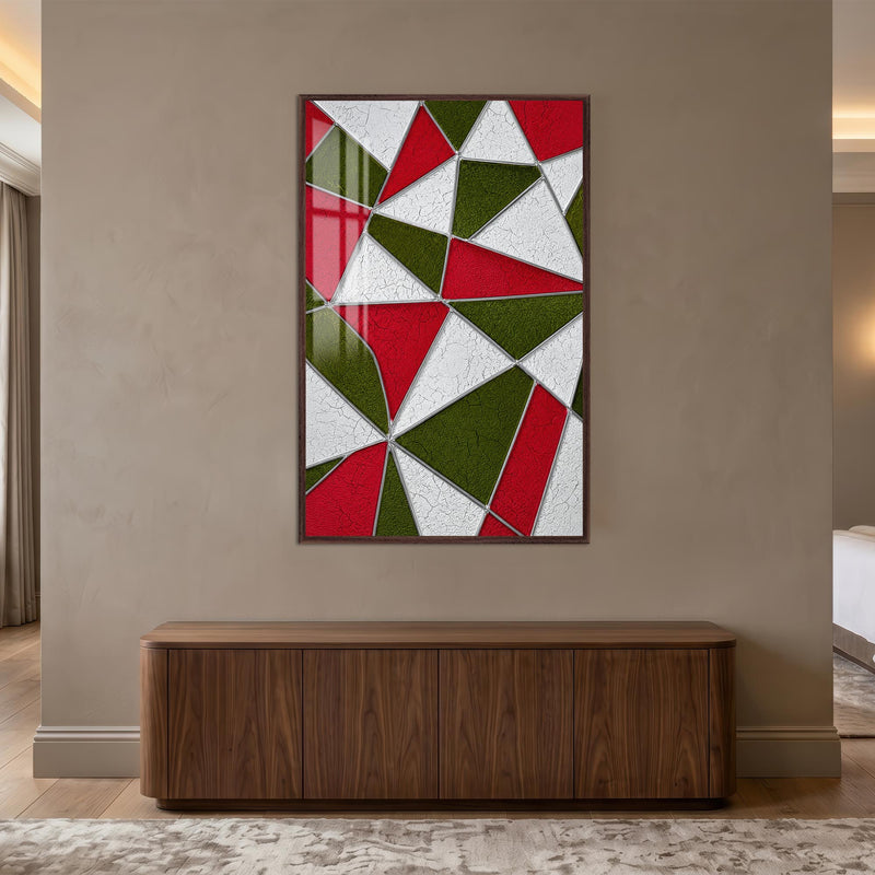 Vitray Geometrik Üçgen Cam Tablo – Ceviz Çerçeveli Cam Tablo