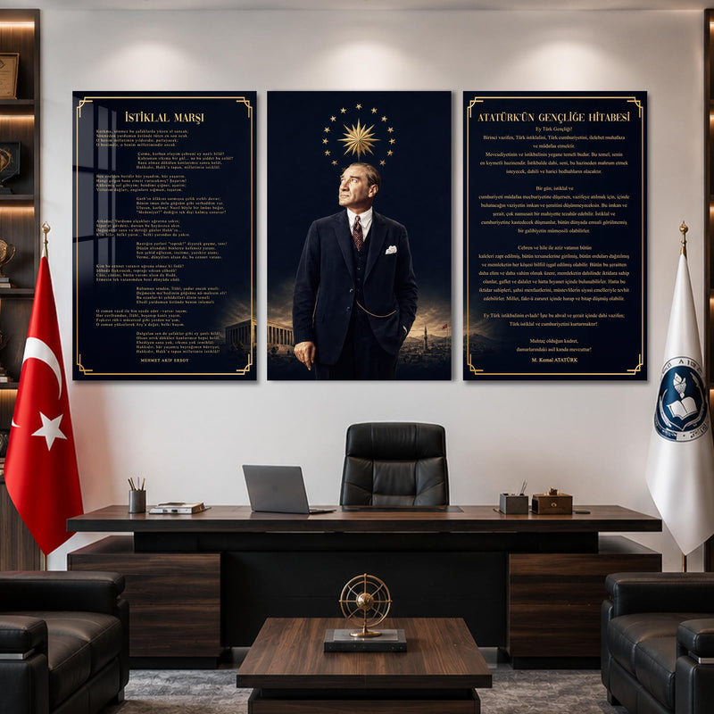 Atatürk Köşesi Üçlü Cam Tablo Seti — Yıldız Hâleli Lacivert