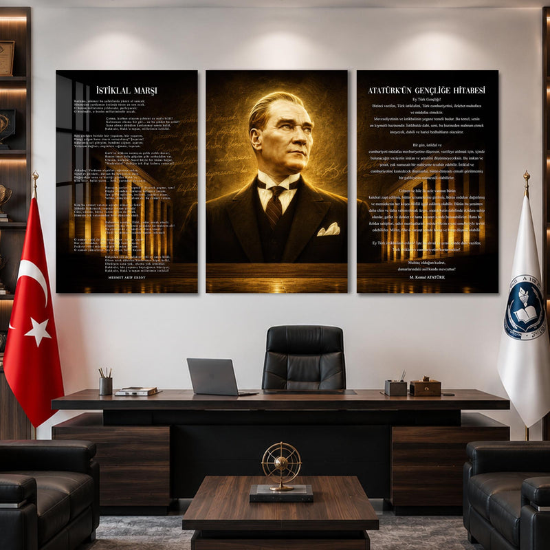 Atatürk Köşesi Üçlü Cam Tablo Seti — Vintage El Yazılı Sepya