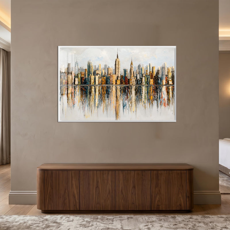 New York Skyline Empire State Renkli Cam Tablo – Beyaz Cerceveli Cam Tablo