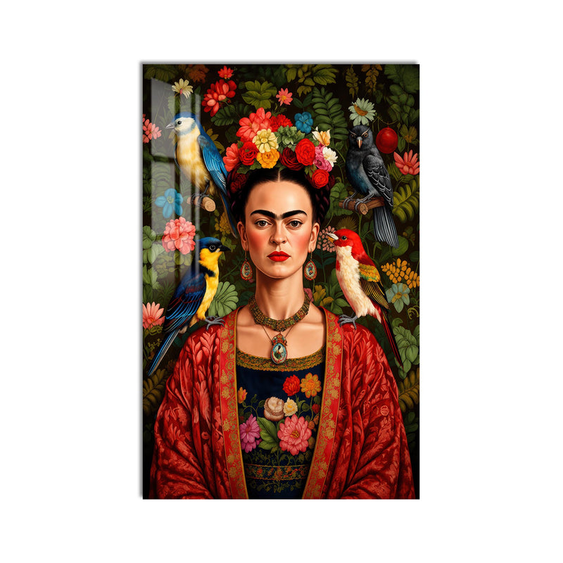 Kuşlar ve Çiçeklerle Frida Kahlo Cam Tablo – Cam Tablo
