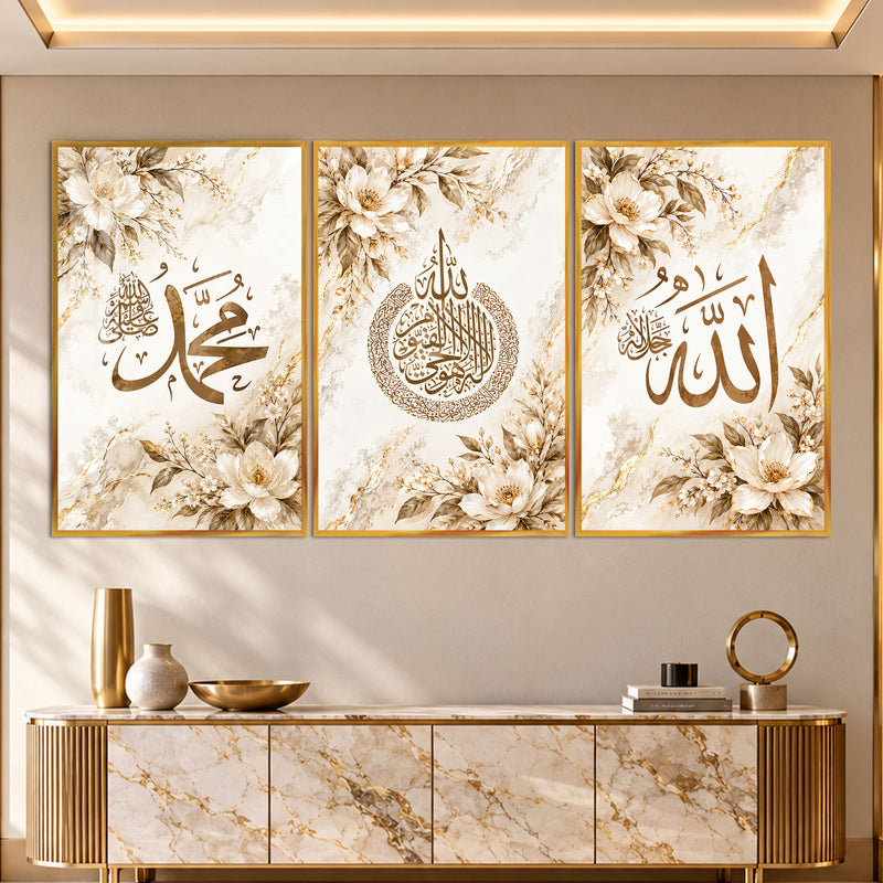 Allah Muhammed Beyaz Çiçek Hat Üçlü Cam Tablo – Altın Çerçeveli