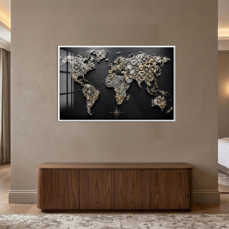 Saat Mekanizması Dünya Haritası Cam Tablo – Beyaz Çerçeveli