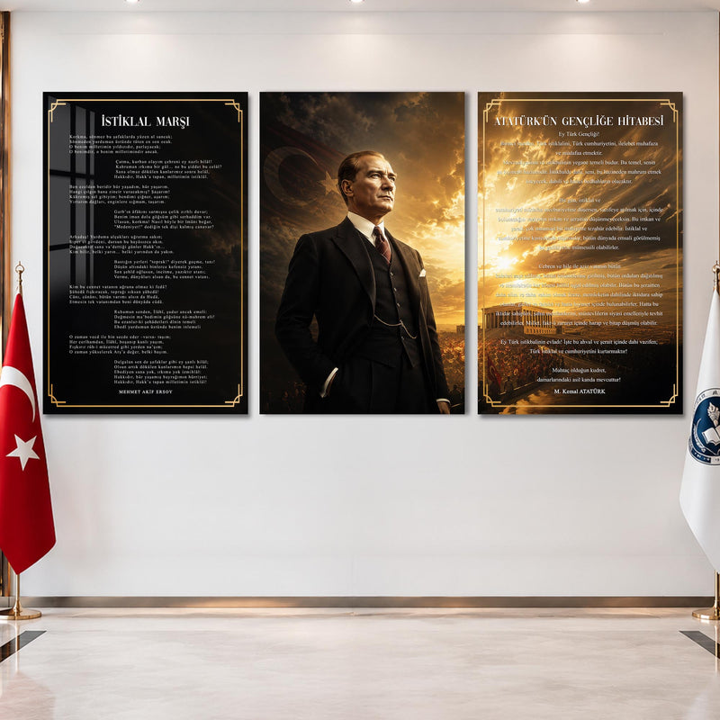 Atatürk Köşesi Üçlü Cam Tablo Seti — Zafer Alayı Altın