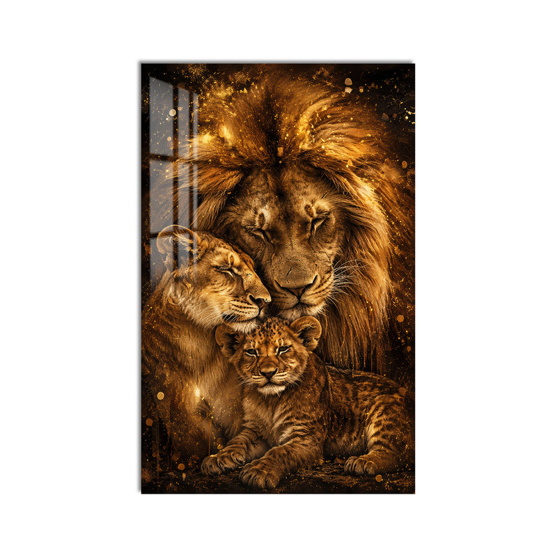 Altın Işıltılı Aslan Ailesi Cam Tablo – Cam Tablo