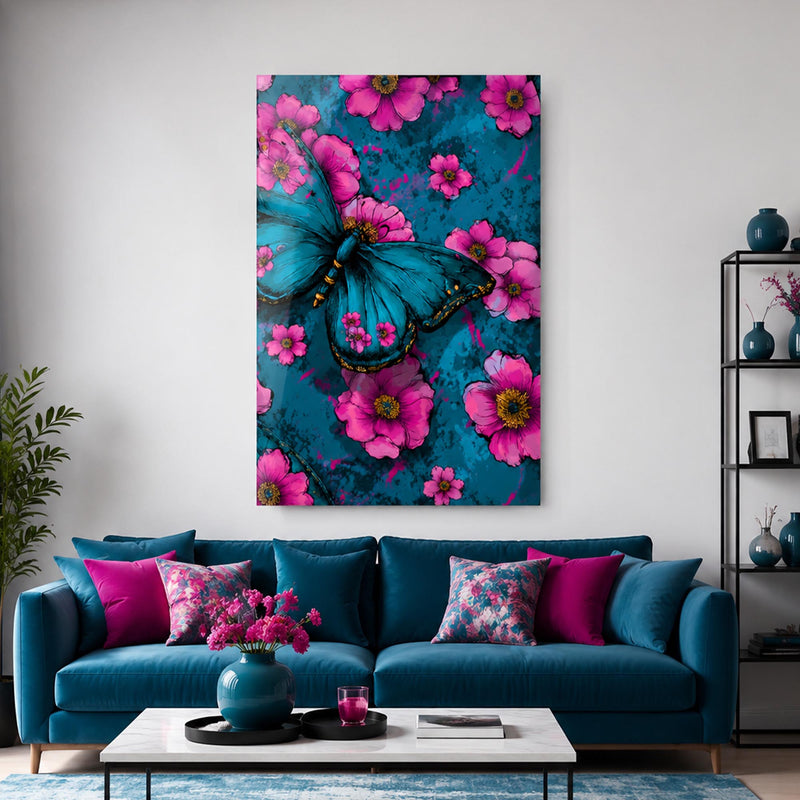 Mavi Kelebek Pembe Çiçek Cam Tablo – Cam Tablo