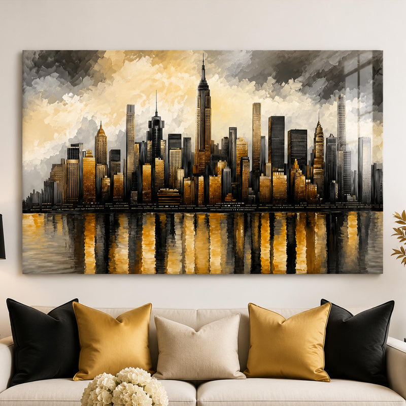 New York Gece Empire State Altın Cam Tablo – Cam Tablo