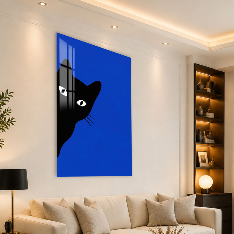 Mavi Fonda Siyah Kedi Cam Tablo – Cam Tablo