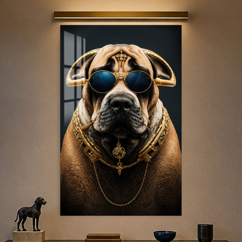 Altın Zincirli Güneş Gözlüklü Köpek Cam Tablo – Cam Tablo