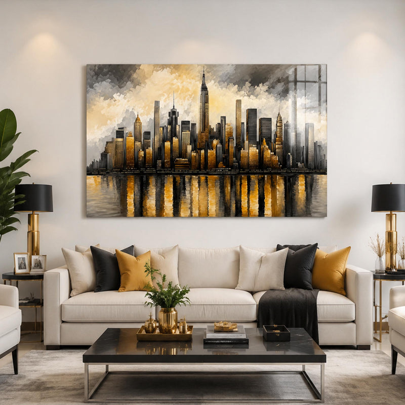 New York Gece Empire State Altın Cam Tablo – Cam Tablo