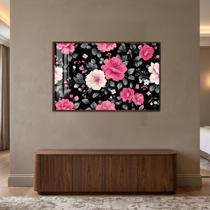 Pembe Beyaz Gül Desen Cam Tablo – Ceviz Çerçeveli Cam Tablo
