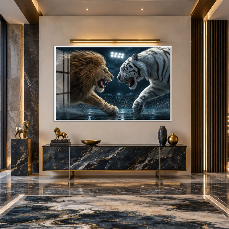 Aslan ve Kaplan Karşı Karşıya Cam Tablo – Beyaz Çerçeveli Cam Tablo