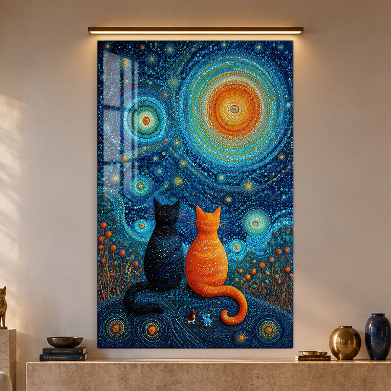 Yıldızlı Gecede İki Kedi Cam Tablo – Cam Tablo