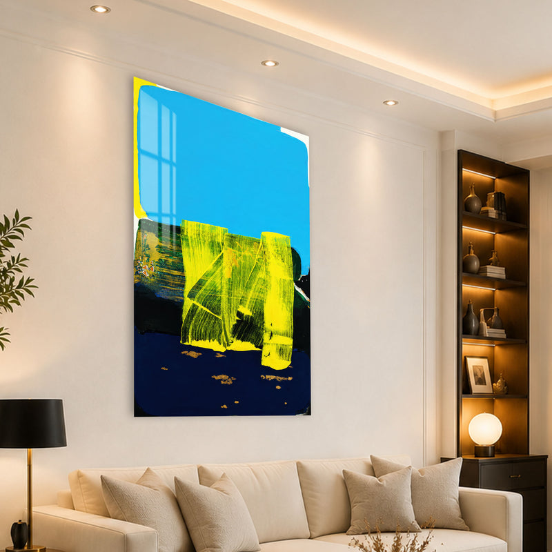 Cyan ve Sarı Fırça Darbesi Cam Tablo – Cam Tablo
