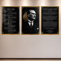 Atatürk Köşesi Üçlü Cam Tablo Seti — Mermer Desenli – Altın Çerçeveli
