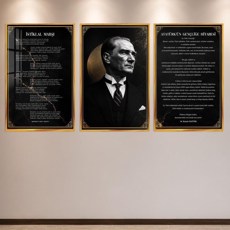 Atatürk Köşesi Üçlü Cam Tablo Seti — Mermer Desenli – Altın Çerçeveli