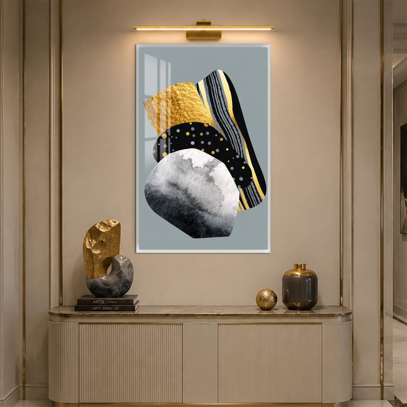Gri Zeminde Altın Siyah Şeritli Formlar Cam Tablo – Beyaz Çerçeveli Cam Tablo