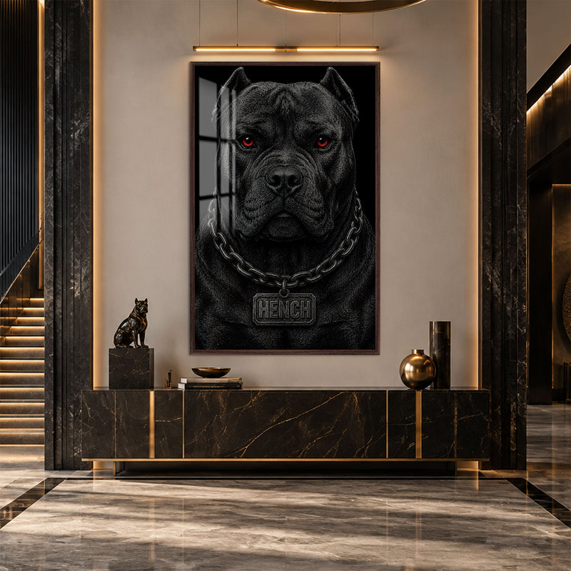 Zincirli Kara Köpek Cam Tablo – Ceviz Çerçeveli Cam Tablo