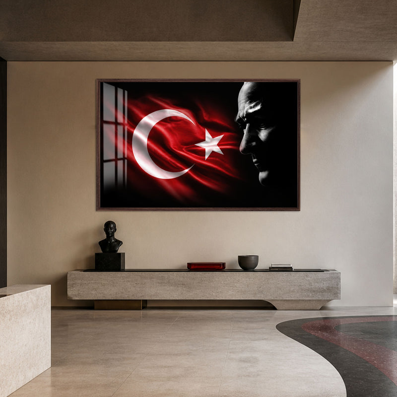 Bayrak ve Profil Atatürk Cam Tablo – Ceviz Çerçeveli