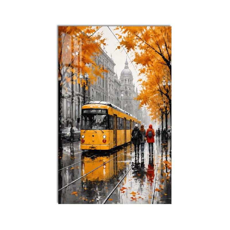Sonbahar Sokağında Sarı Tramvay Cam Tablo – Cam Tablo